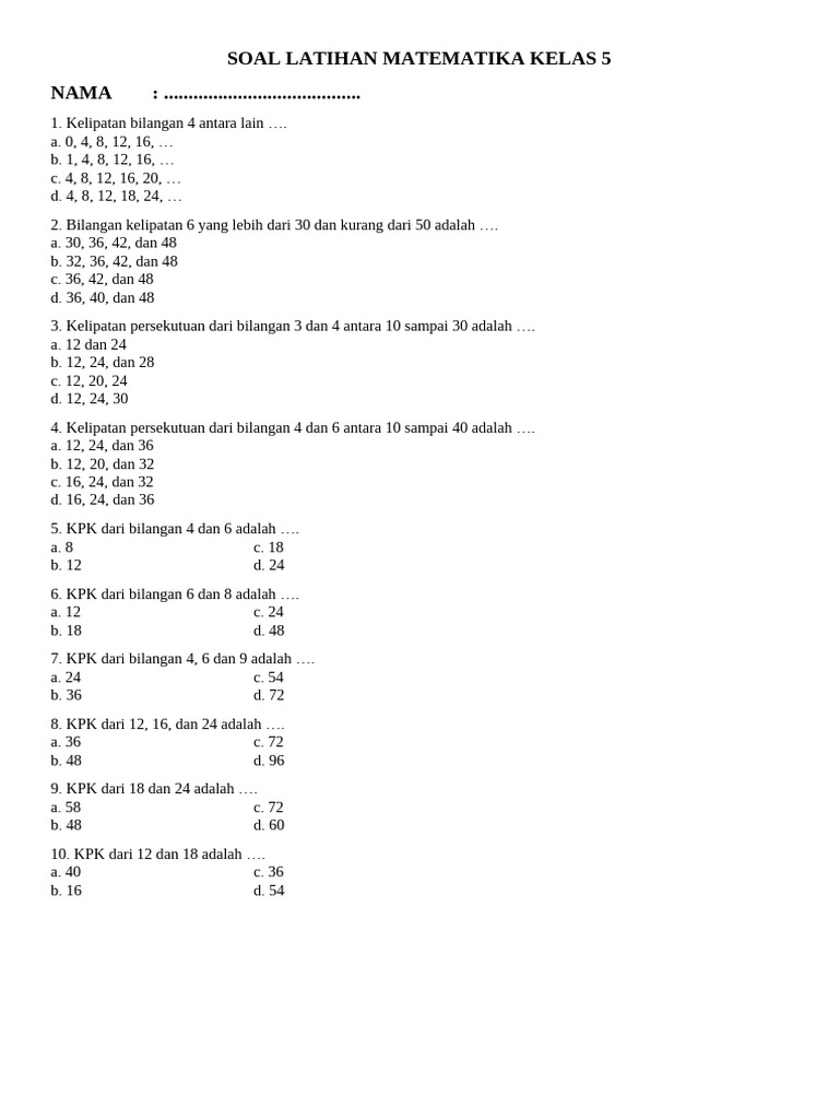 Soal Latihan Matematika Kelas 5 | PDF