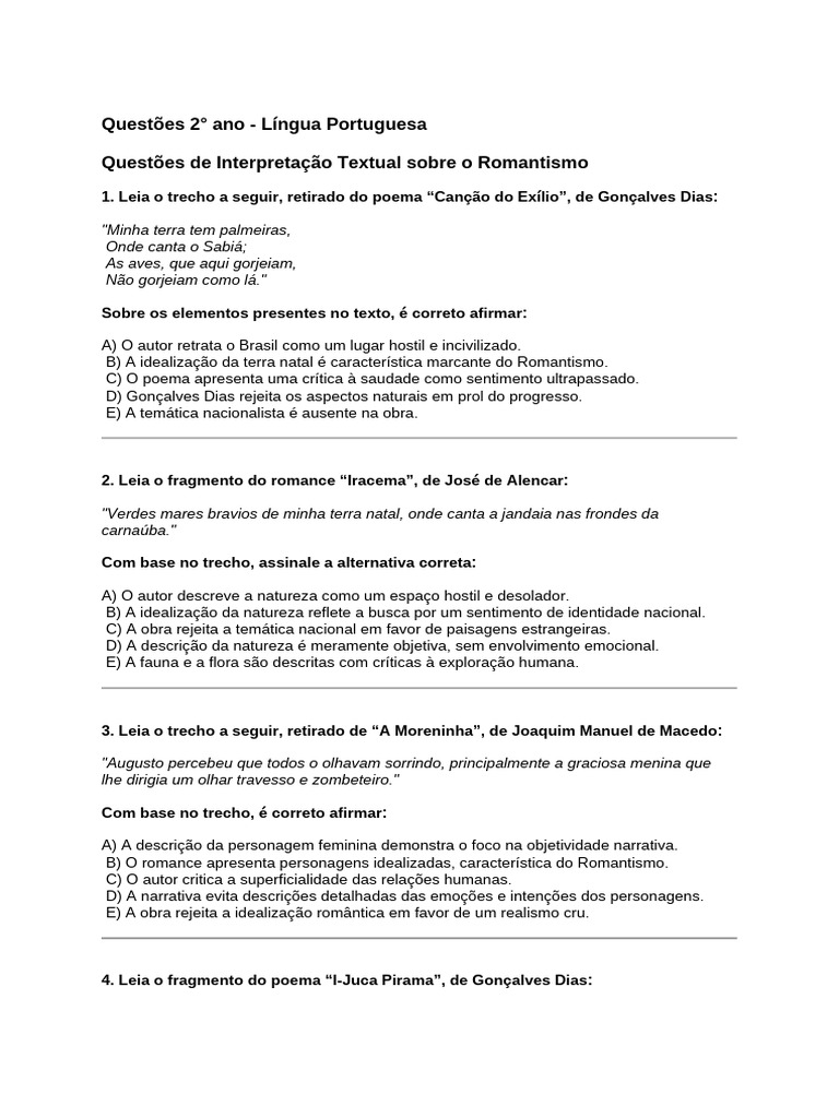 Questões de Interpretação Romantismo | PDF | Romantismo | Narrativa