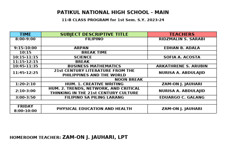 8-B Class Program | PDF