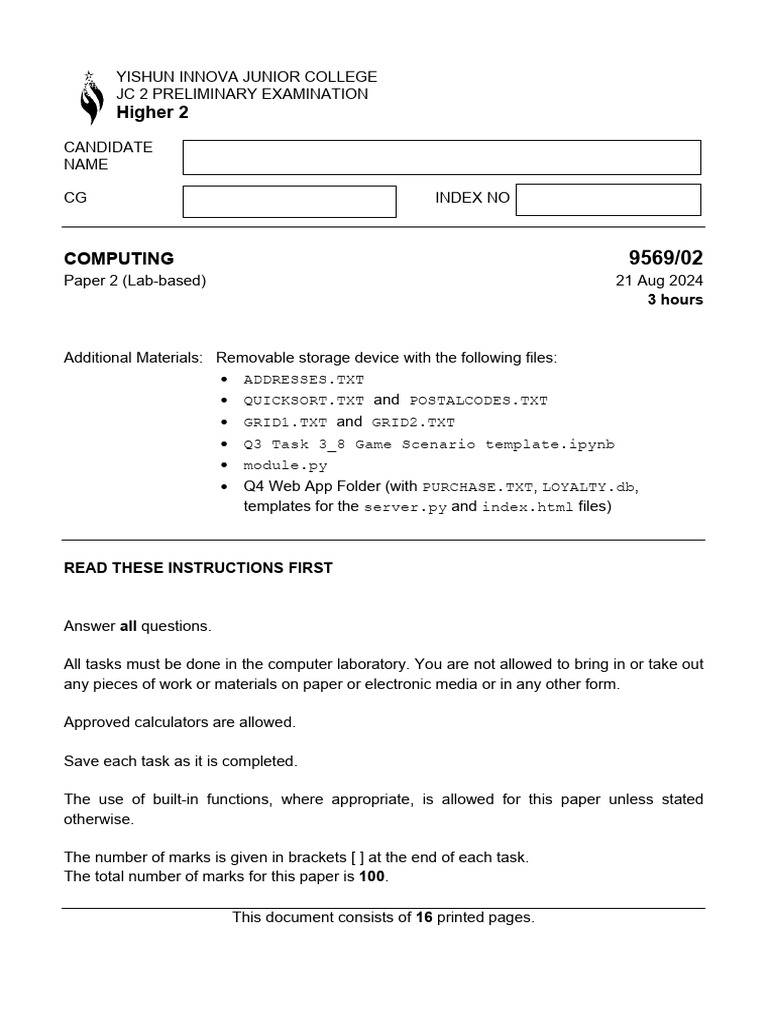 Yishun JC Computing Prelim Exam 2024 | PDF | Queue (Abstract Data Type ...