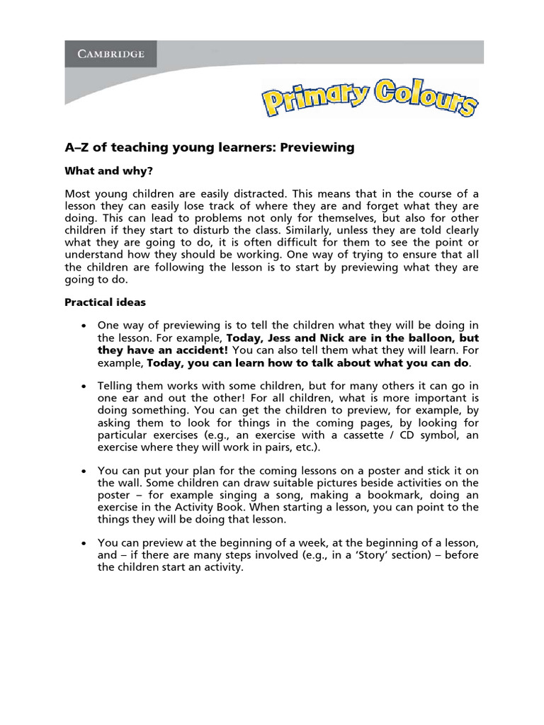Previewing Techniques for Young Learners | PDF
