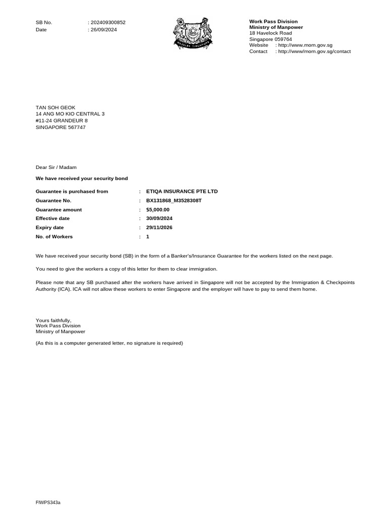 Security Bond Confirmation for Workers | PDF
