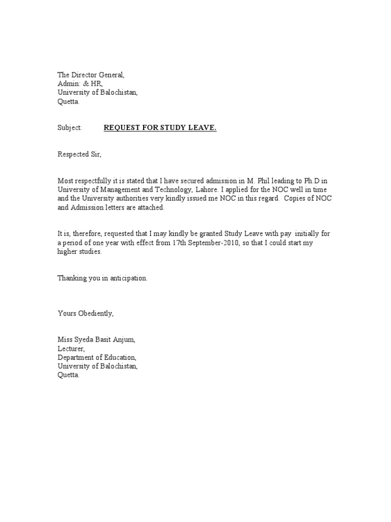 sample of application letter for study leave with pay