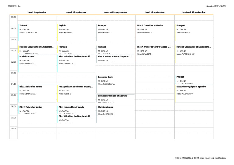 Emploi du temps BAC 1A - Semaine 37 | PDF