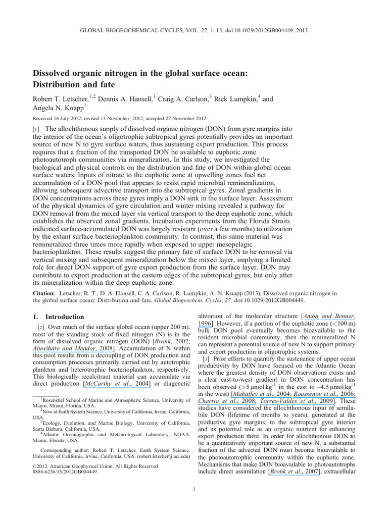 Dissolved Organic Nitrogen in The Global | PDF | Oceans | Ecology