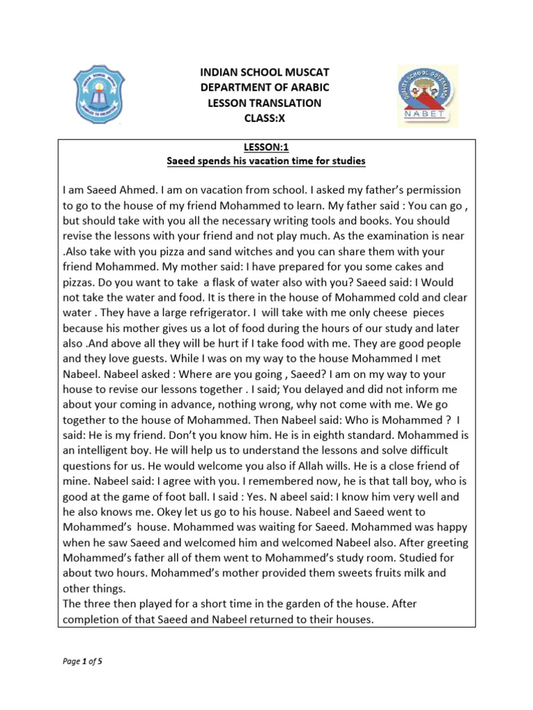 Arabic Lesson Translations for Class X | PDF | Schools | Teachers