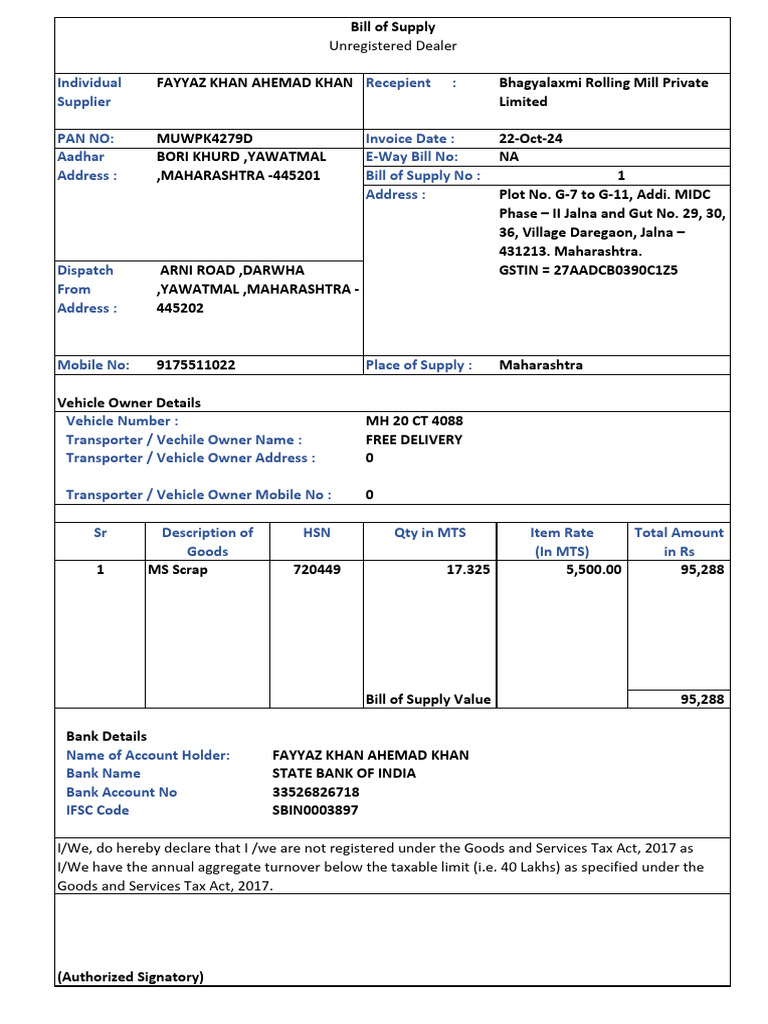 Invoice for MS Scrap Supply in Maharashtra | PDF