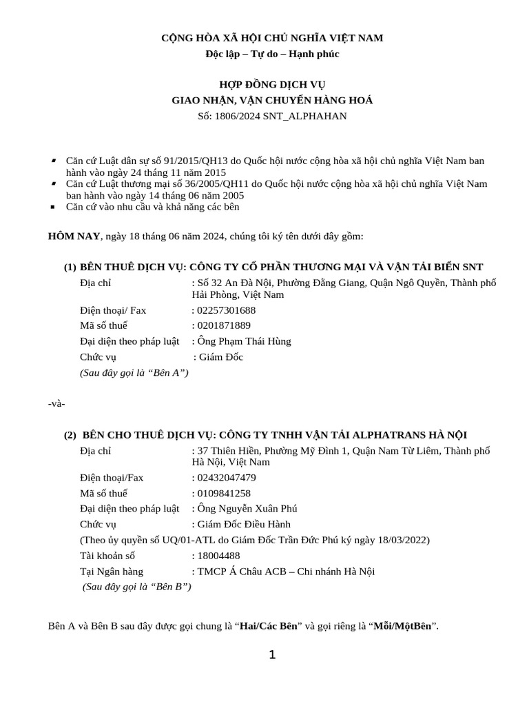 HĐNT ALPHATRANS (Số 18062024 SNT - ALPHAHAN) | PDF