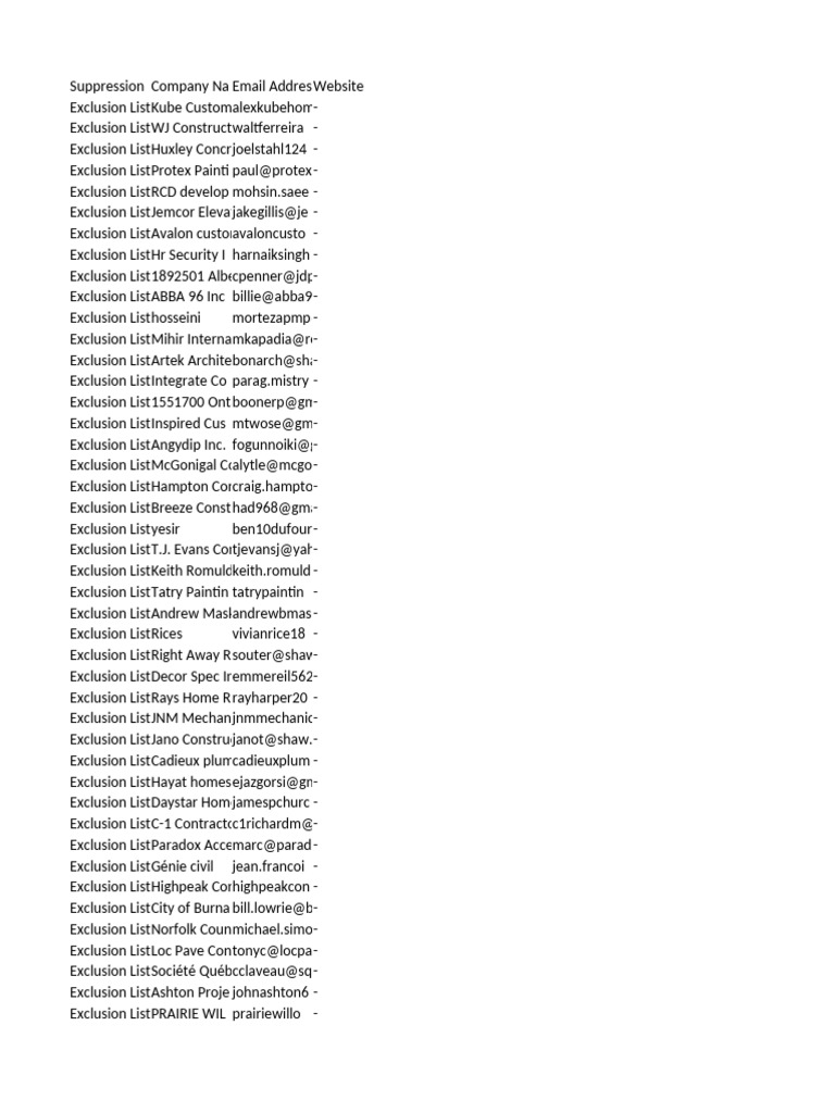 Exclusion List of Companies and Emails | PDF | Materials | Building ...