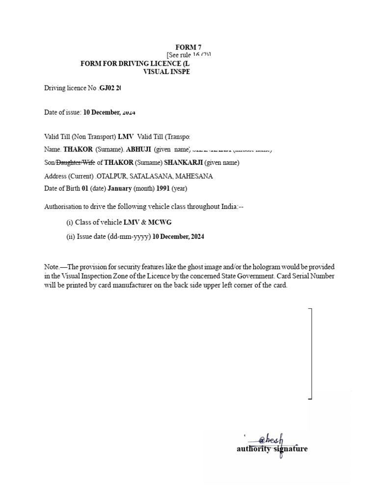 Driving Licence Form 7 Details | PDF