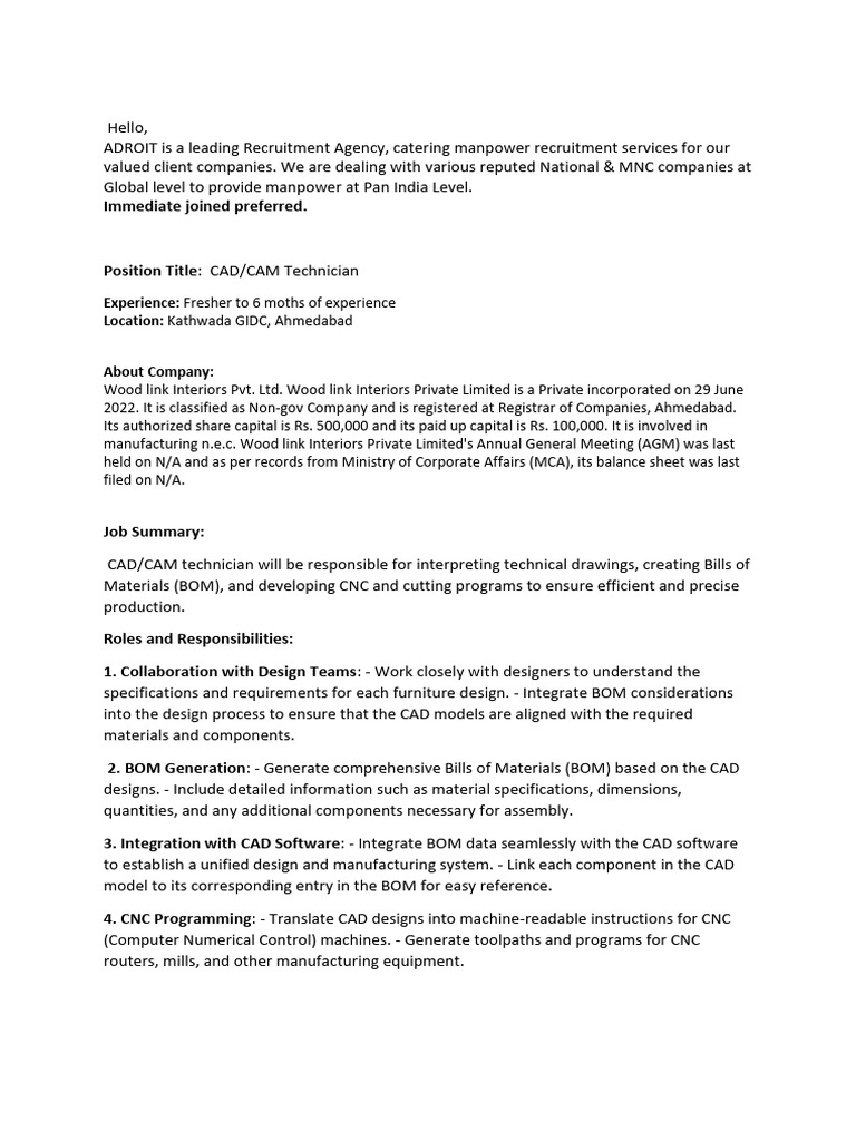 CAD CAM Technician - JD - Woodlink | PDF | Numerical Control | Computer ...