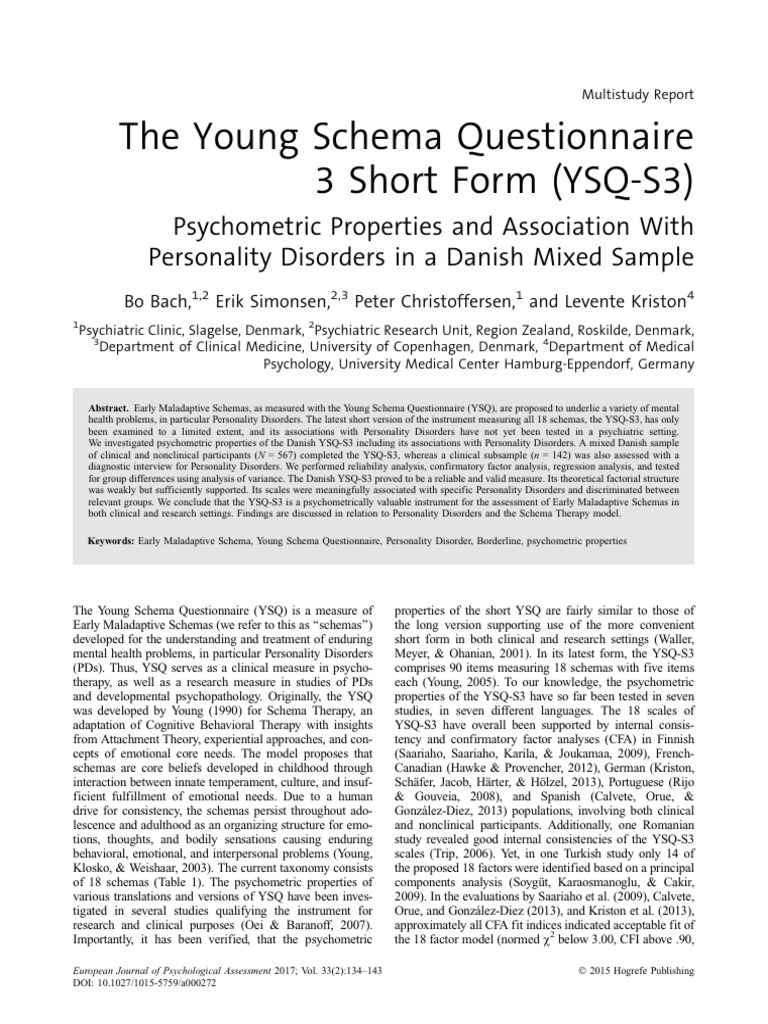 YSQ-S3 Psychometrics in Danish Sample | PDF | Mental Disorder ...