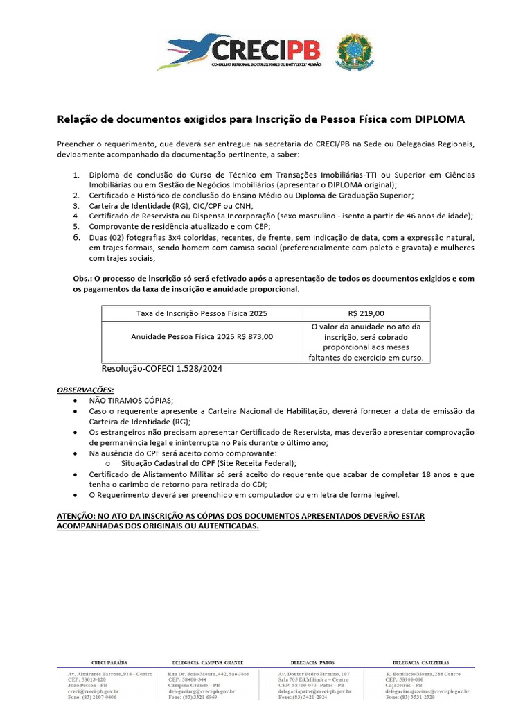 Inscrição CRECI/PB para Corretores | PDF
