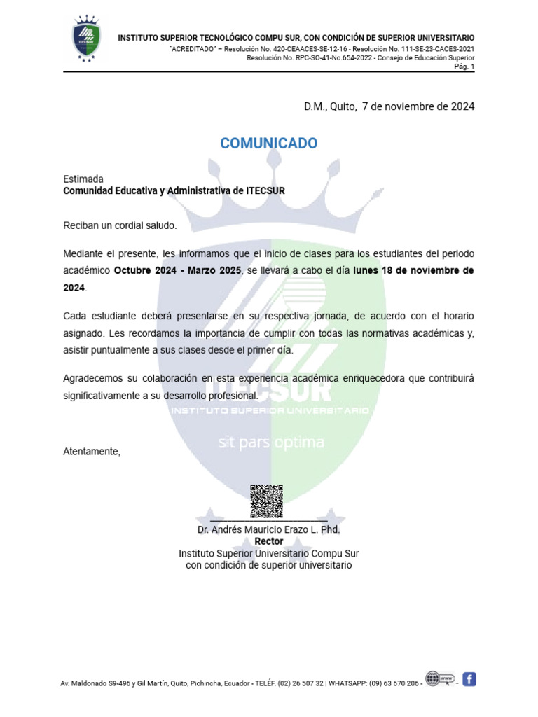 Inicio de Clases ITECSUR Noviembre 2024 | PDF