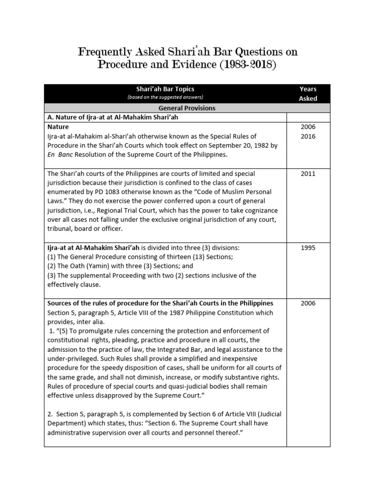 Shari’ah Bar Exam FAQs: Procedure & Evidence | PDF | Complaint | Burden ...