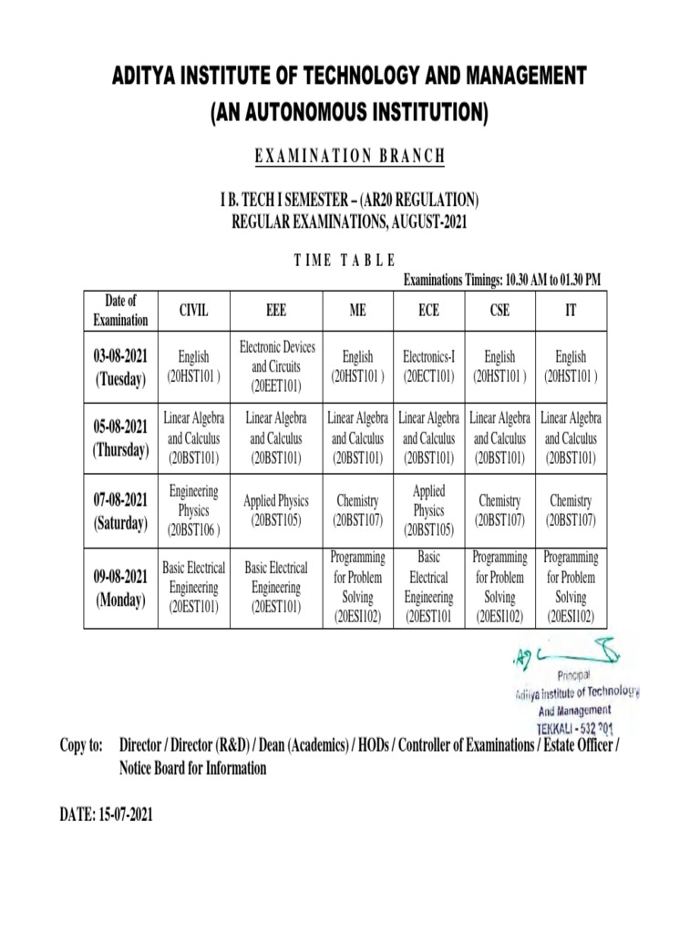 B.Tech 1st Semester Exam Schedule 2021 | PDF | Physical Sciences ...