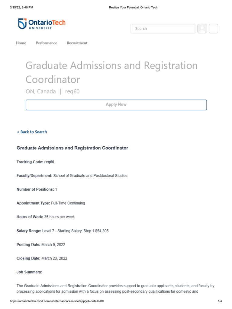Graduate Admissions Coordinator Job at Ontario Tech | PDF