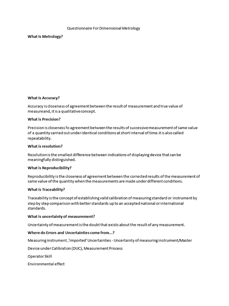 Dimensional Metrology Questionnaire Guide | PDF