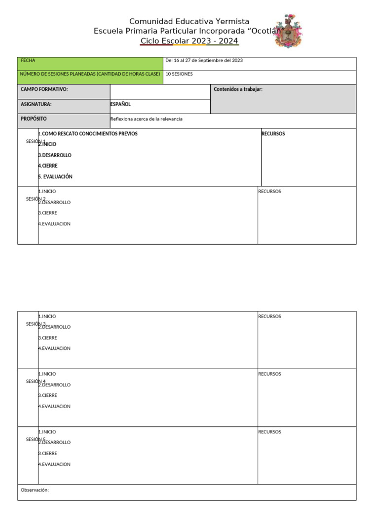 Formato Planeacion en Blanco | PDF | Evaluación | Educación primaria