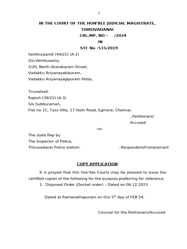 Copy Application for Senthur Pandi Case | PDF | Justice | Crime & Violence