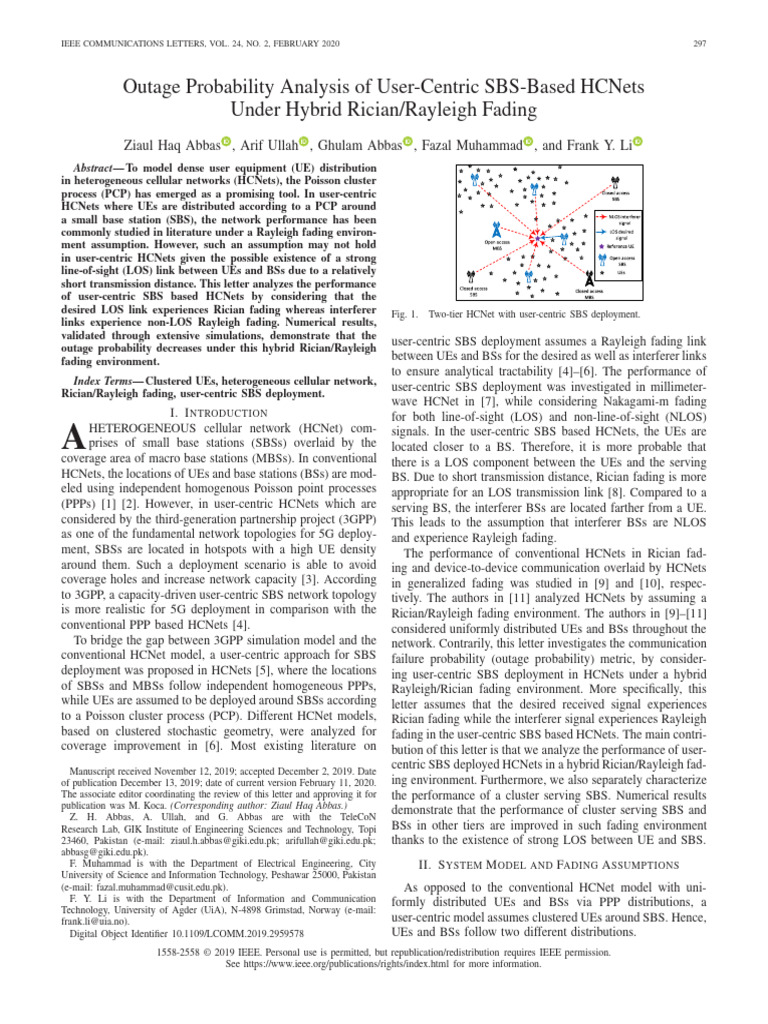 Outage Probability Analysis of User-Centric SBS-Based HCNets Under ...