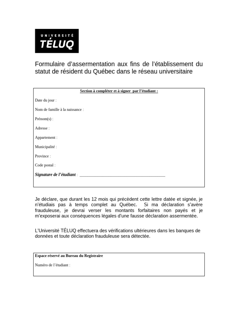 Formulaire d'assermentation résident Québec | PDF