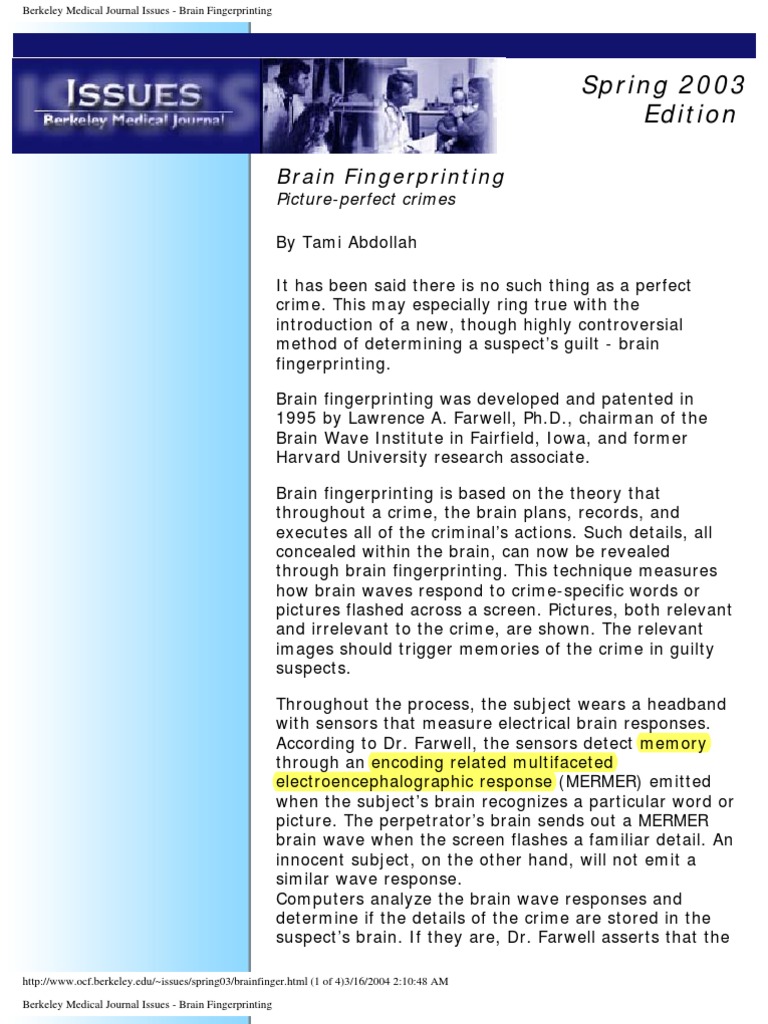 Spring 2003 Edition: Brain Fingerprinting | PDF | Social Science | Self ...