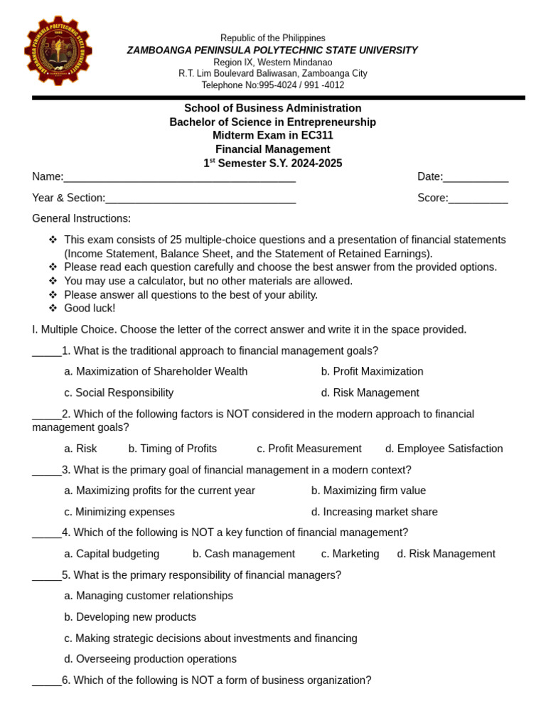 Financial Management Midterm Exam 2024 | PDF | Partnership | Corporations