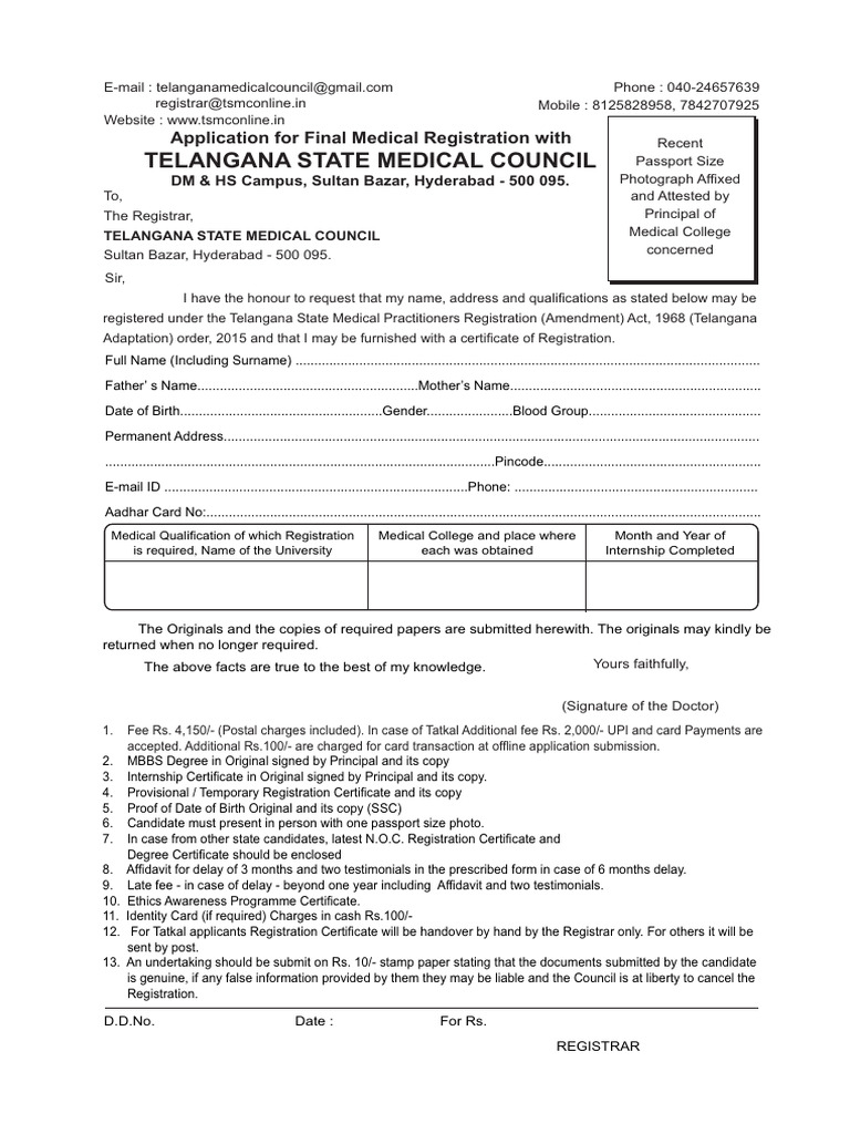 Final Medical Registration Application Telangana | PDF | Identity ...