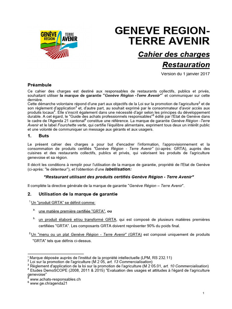 Cahier des charges Restauration GRTA | PDF | Genève