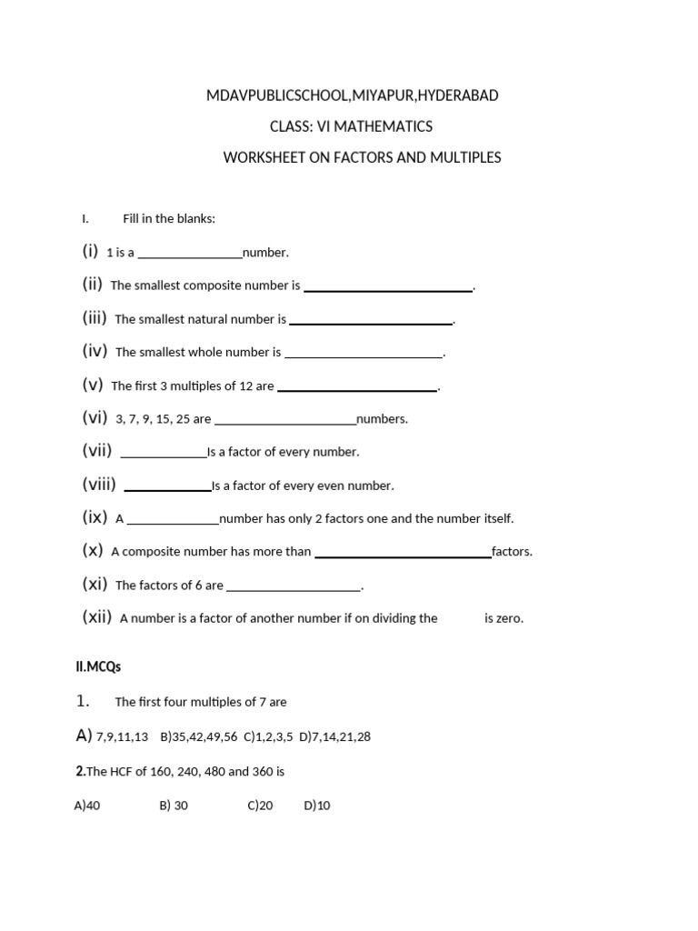 CLass 6 Factors and Multiples WorksheetNew | PDF | Prime Number | Numbers