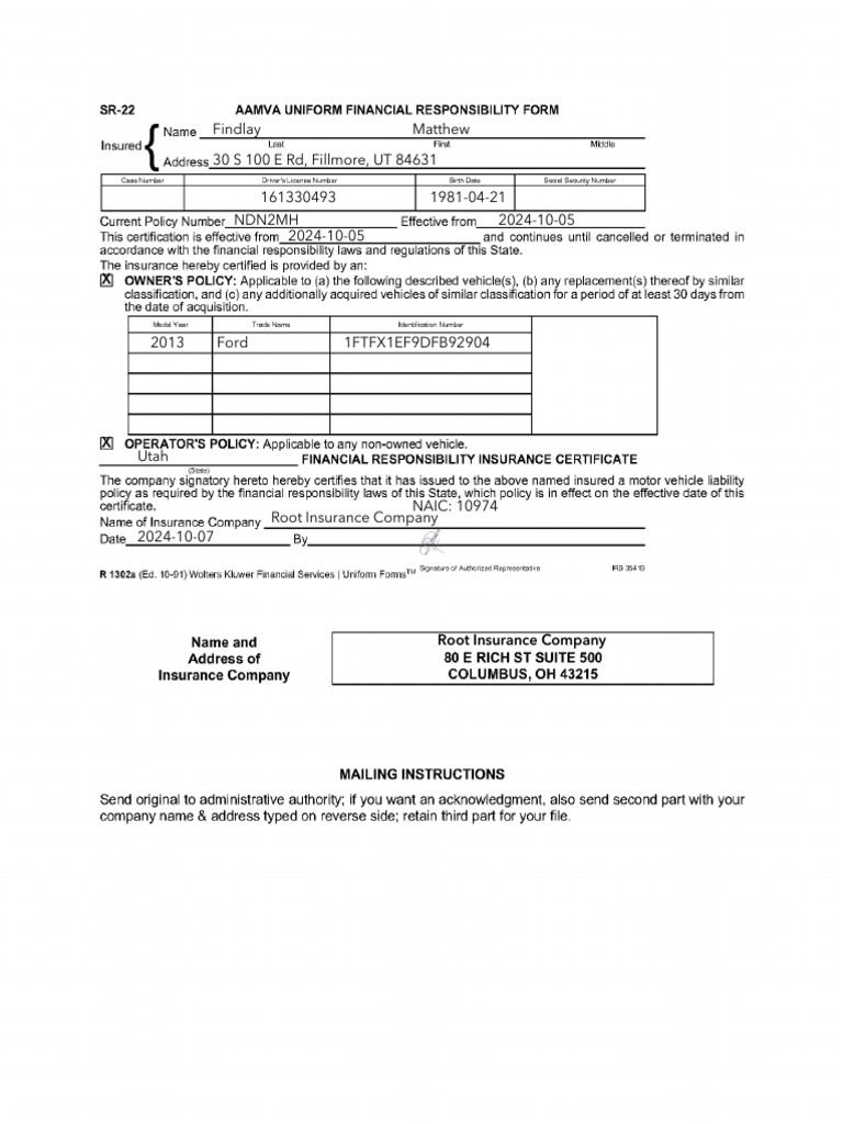 Root Insurance Policy for 2013 Ford | PDF