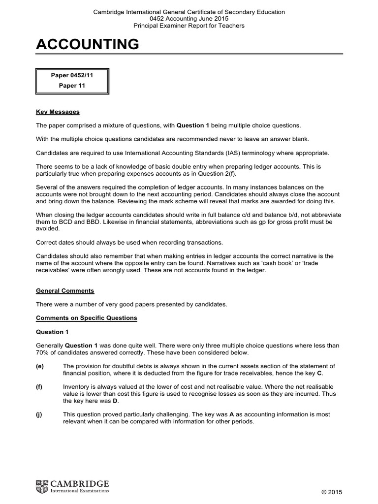 Cambridge IGCSE Accounting Report 2015 | PDF | Debits And Credits | Expense