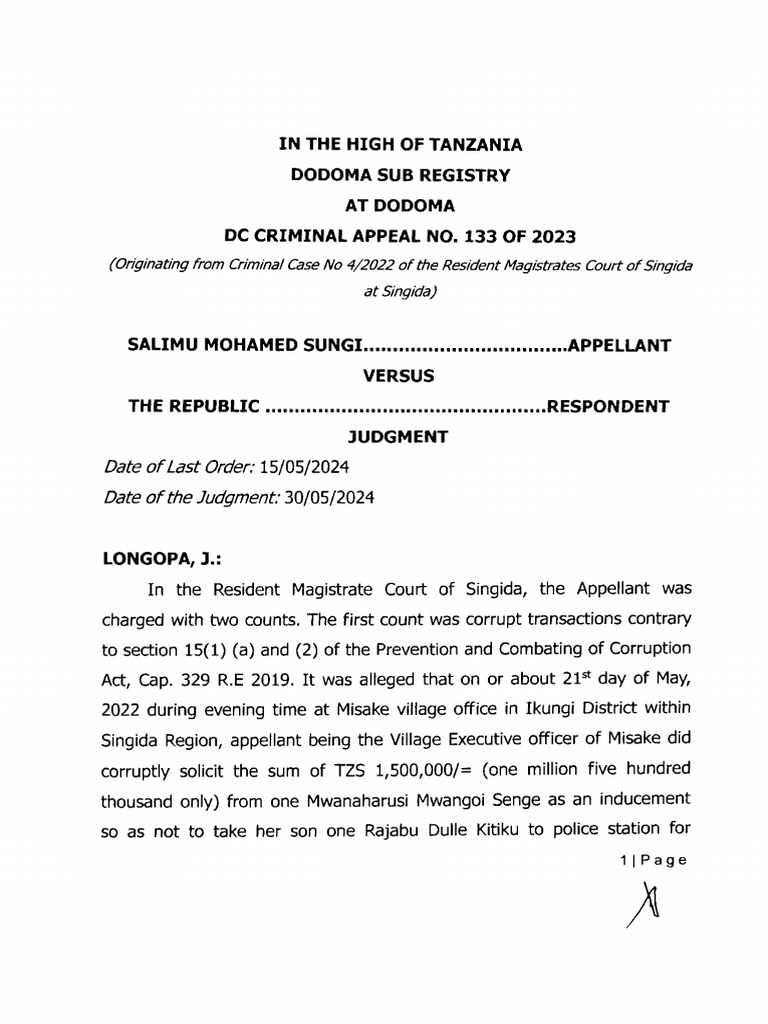 Salimu Mohamed Sungi Vs The Republic (DC Criminal Appeal No 133 of 2023 ...