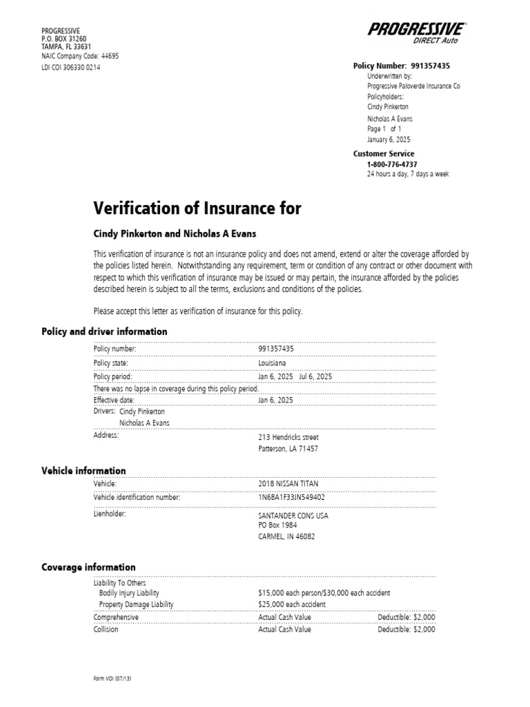 Verification of Insurance for Policy 991357435 | PDF | Insurance ...