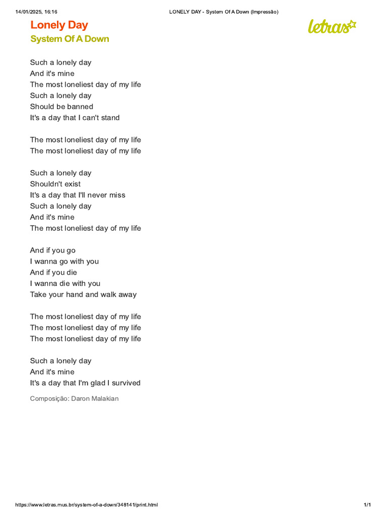 LONELY DAY - System of A Down (Impressão) | PDF