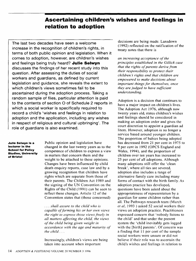 Selwyn, J. (1996) - Ascertaining Children's Wishes and Feelings in ...