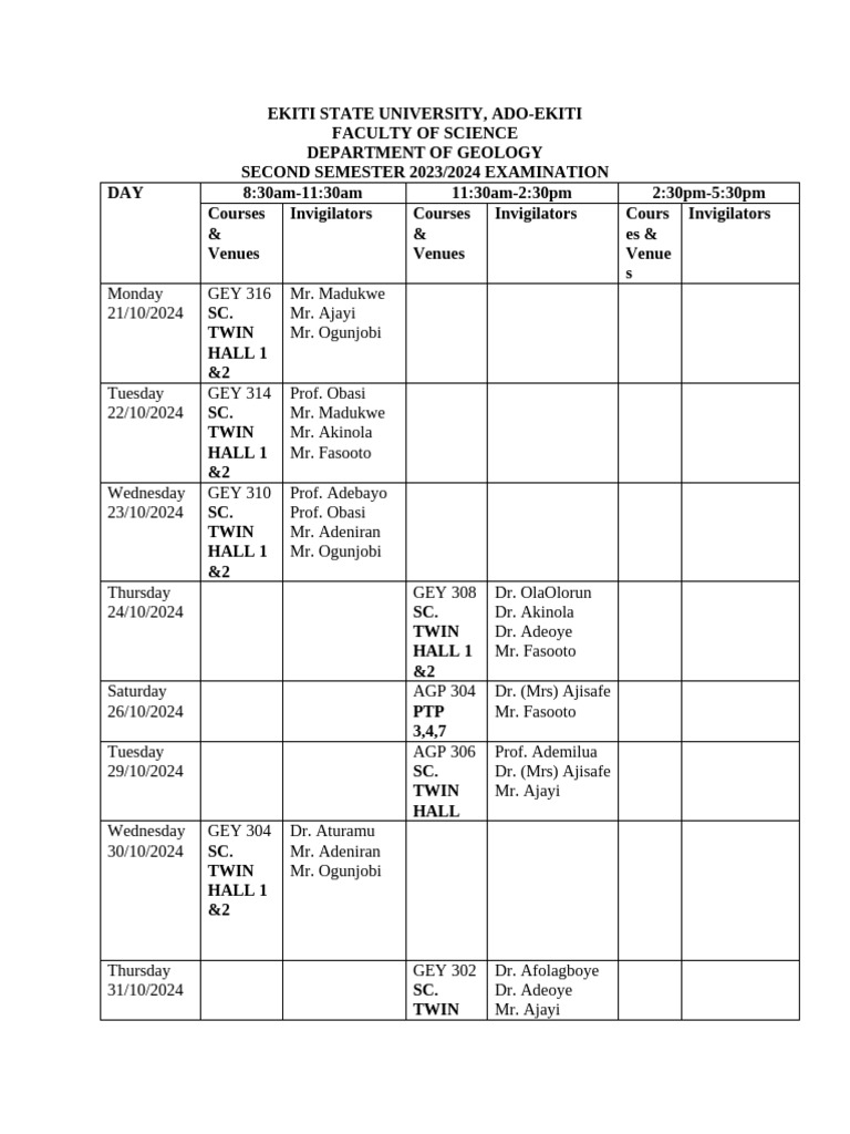Amebo 08156604279 Exam Timetable For 300 Level Second Semester 2023 | PDF