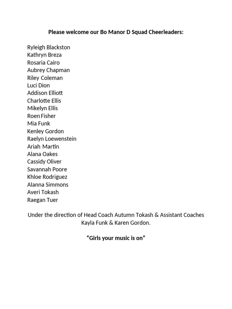 Bo Manor Cheerleaders Roster 2023 | PDF