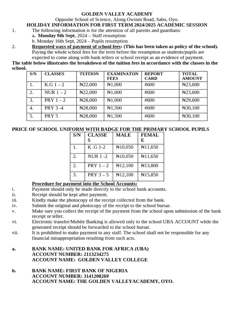 Golden Valley Academy Holiday Info 2024 | PDF | Receipt | Payments