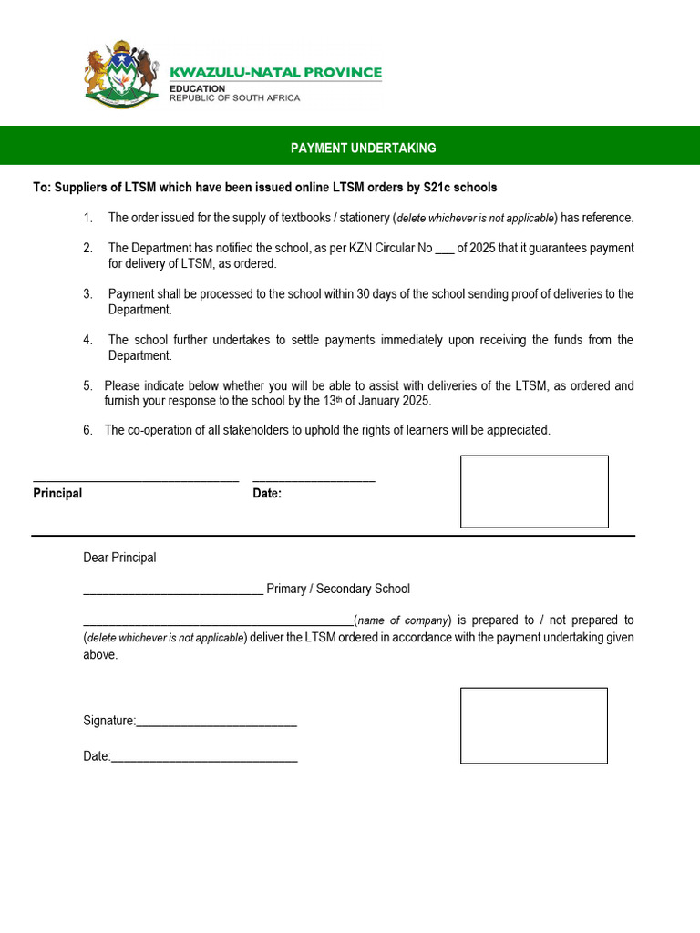 KZN LTSM Payment Undertaking Notice | PDF
