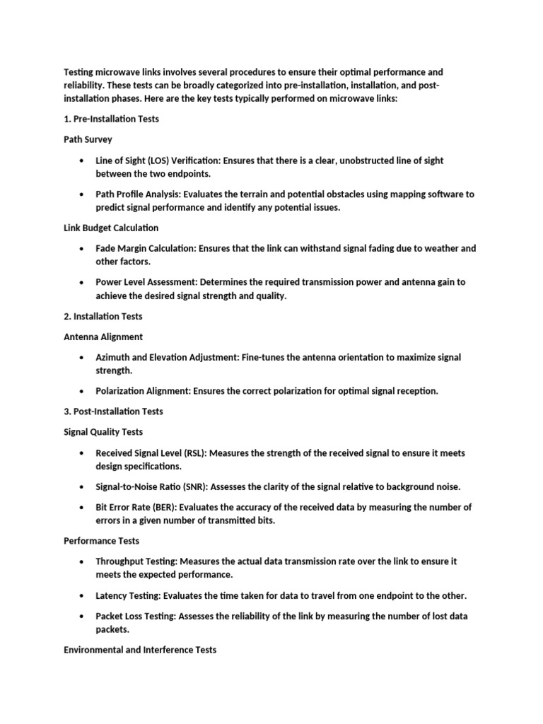 Microwave Link Testing Procedures | PDF | Antenna (Radio) | Reliability ...
