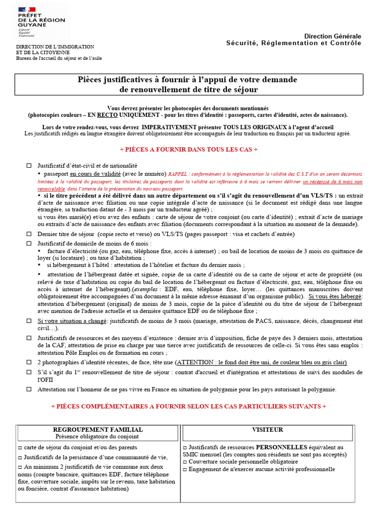 Renouvellement titre de séjour : pièces à fournir | PDF | Passeport ...