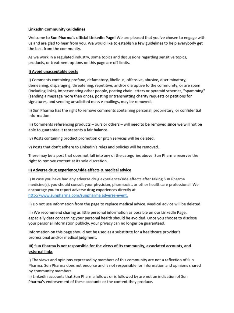 Sun Pharma LinkedIn Community Guidelines | PDF | Linked In | Cyberspace
