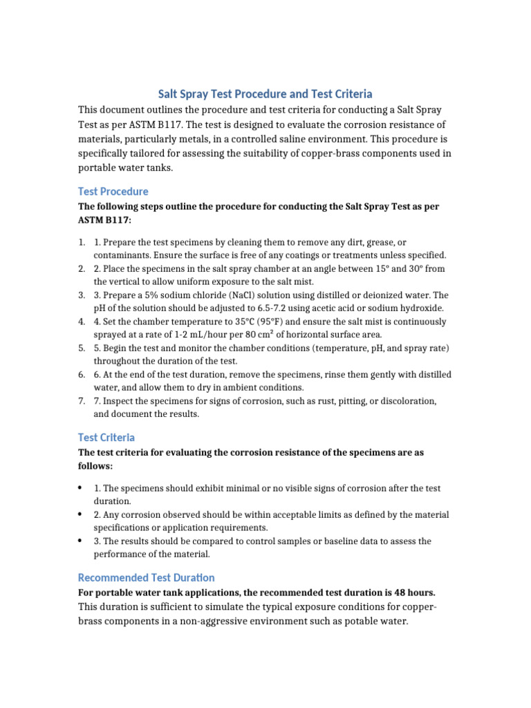 Salt Spray Test Procedure for ASTM B117 | PDF