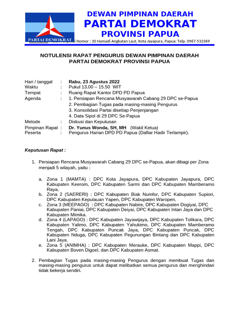 Notulen Rapat DPD PD 23082022 | PDF