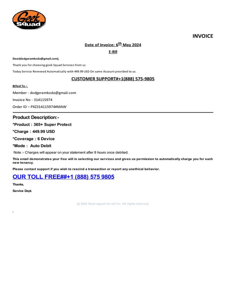 Geek Squad Invoice for Service Renewal | PDF