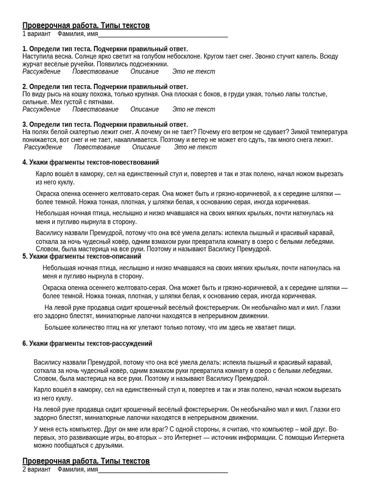 Proverochnaya Rabota Tipy Tekstov | PDF