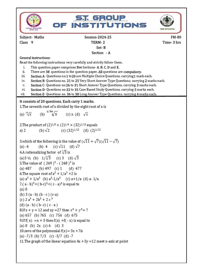 Class 9 Maths Term 2 Question Paper | PDF | Area | Triangle