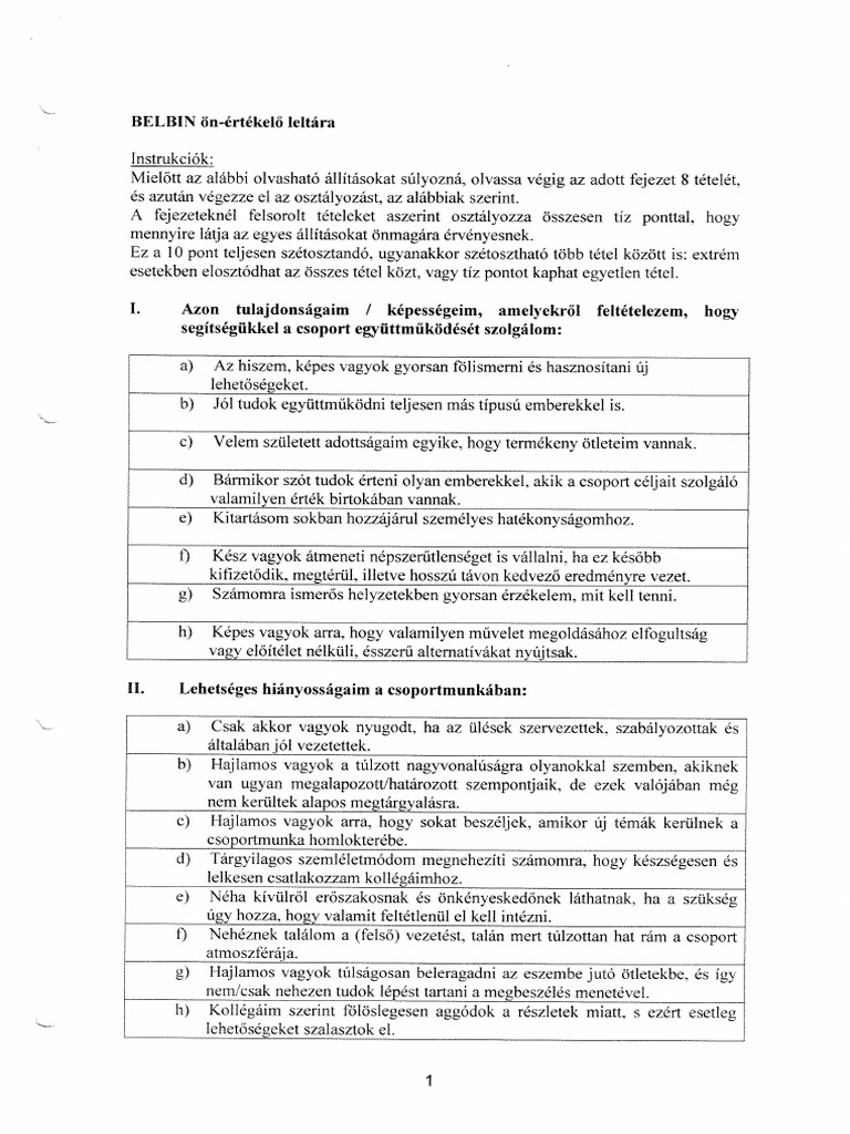 Belbin Teszt | PDF